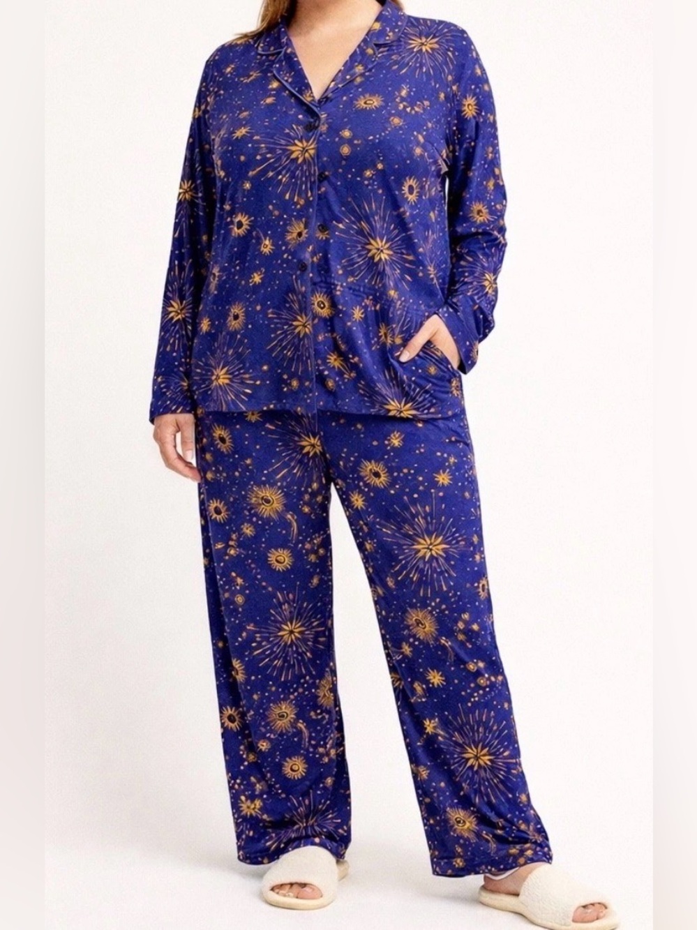 Room Service Galaxy Celestial Pajamas 2 Piece Set Plus Size XXL Navy Blue Yellow